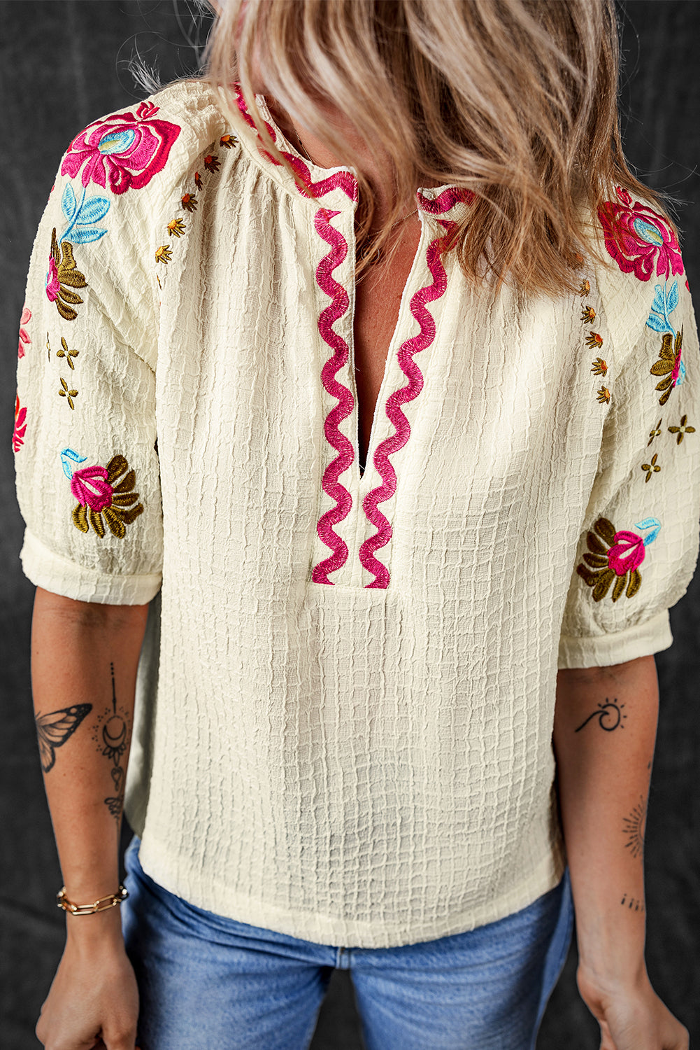 Beige Floral Embroidered Ricrac Puff Sleeve Textured Blouse