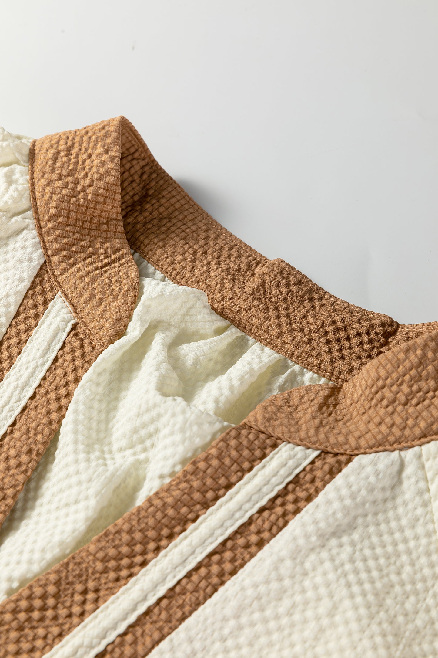 Black Color Block Patchwork Detail V Neck Textured Long Sleeve Blouse