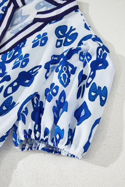 Blue Floral Puff Short Sleeve V Neck High Waist Maxi Dress