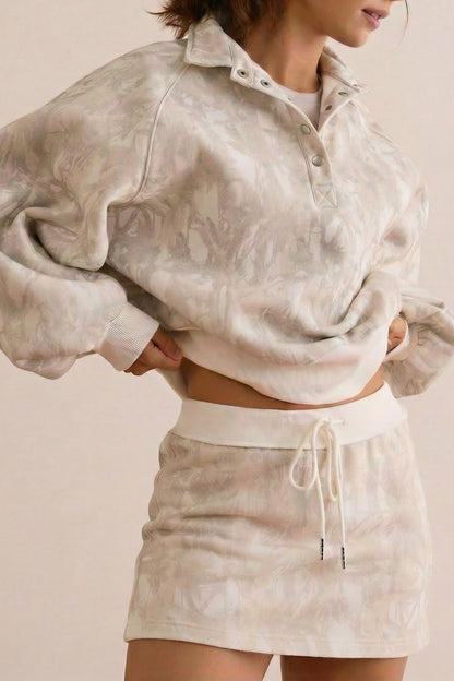 White Abstract Woodland Print Balloon Sleeve Pullover Drawstring Mini Skort Set