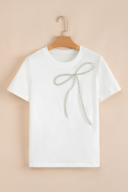 White Rhinestone Bow Embellished Round Neck Tee