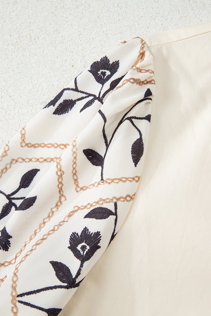 White Floral Puff Sleeve Contrast V Neck Patchwork Blouse