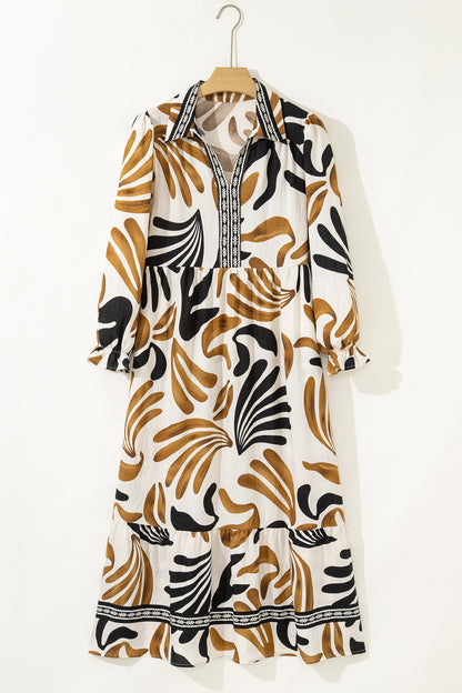 Brown Tropical Printed Contrast Trim Neck Long Sleeve Ruffle Hem Dress