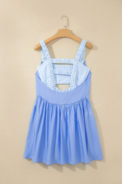 Beau Blue Faux Two Piece Gingham Contrast Patchwork Loose Mini Dress