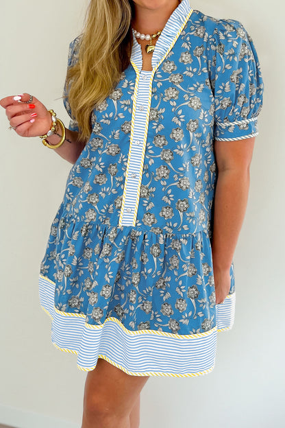 Blue Plus Size Floral Print Striped Patchwork Detail Button Front Ruffle Hem Dress