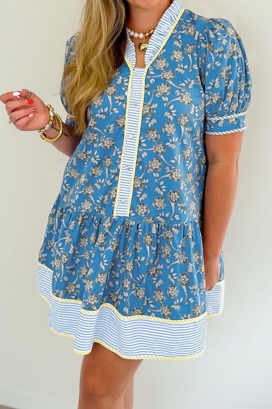 Blue Plus Size Floral Print Striped Patchwork Detail Button Front Ruffle Hem Dress