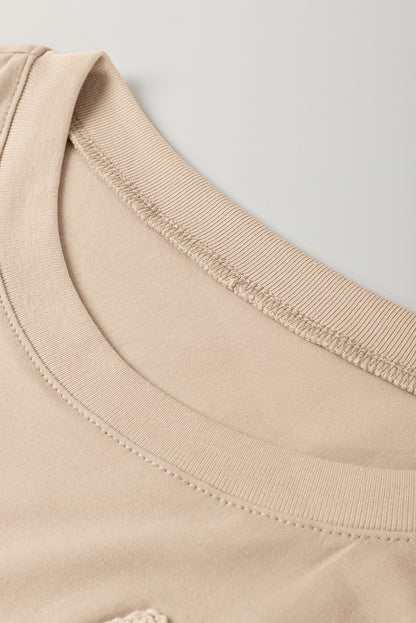 Oatmeal Contrast Crochet Floral Graphic Drop Shoulder Loose Tee