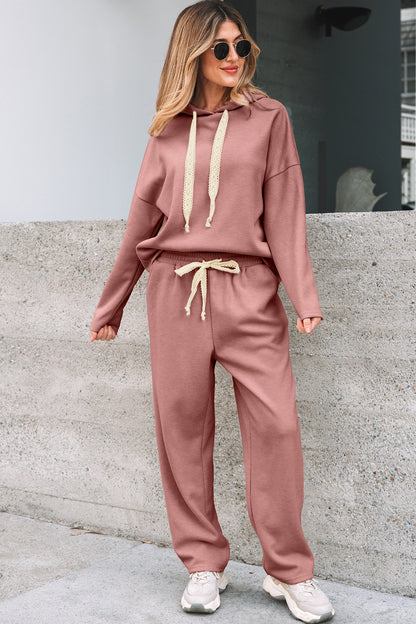 Parchment Leopard Drawstring Pullover Hoodie and High Waist Pants Corduroy Suit