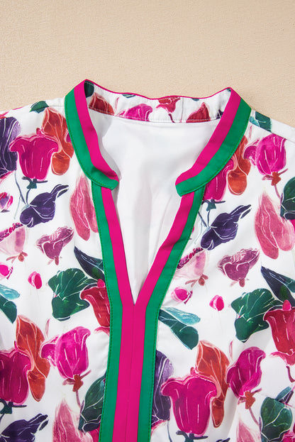 Purple Floral Print Contrast Striped Detail Long Sleeve Mini Dress