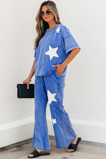 Ashleigh Blue Acid Wash Star Patched Rolled Trim Pants Set