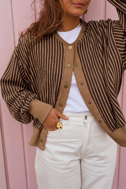 Green Stripe Striped V Neck Patchwork Long Sleeve Regular Fit Cardigan