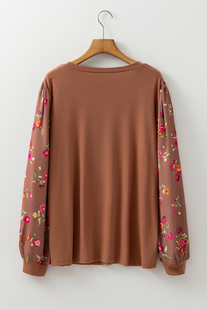 Brown Floral Sleeve Patchwork Round Neck Plus Blouse