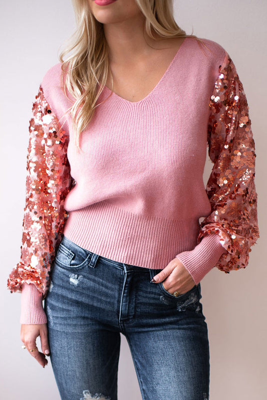 Pink Contrast Sequin Sleeve V Neck Ribbed Knit Sweater