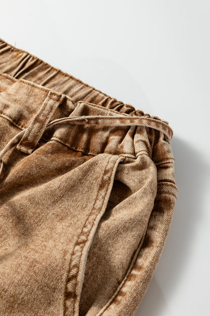 Gray Acid Wash Barrel Fit Denim Pants with Waist String