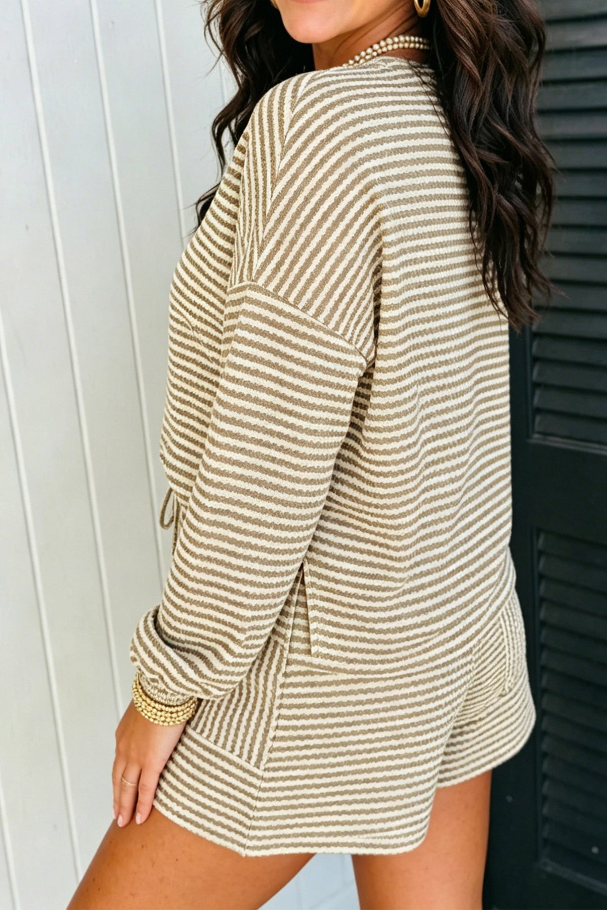 Brown Stripe Textured Knit Long Sleeve Top Elastic Waist Shorts Casual Outfit