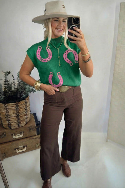 Bright Green Corded Horseshoes Ribbed Trim Mock Neck Short Sleeve Sweater