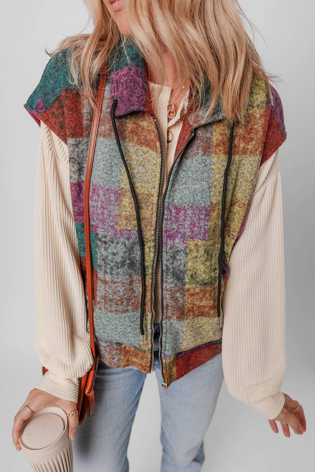 Multicolor Plaid Print Side Pockets Zipped Loose Vest