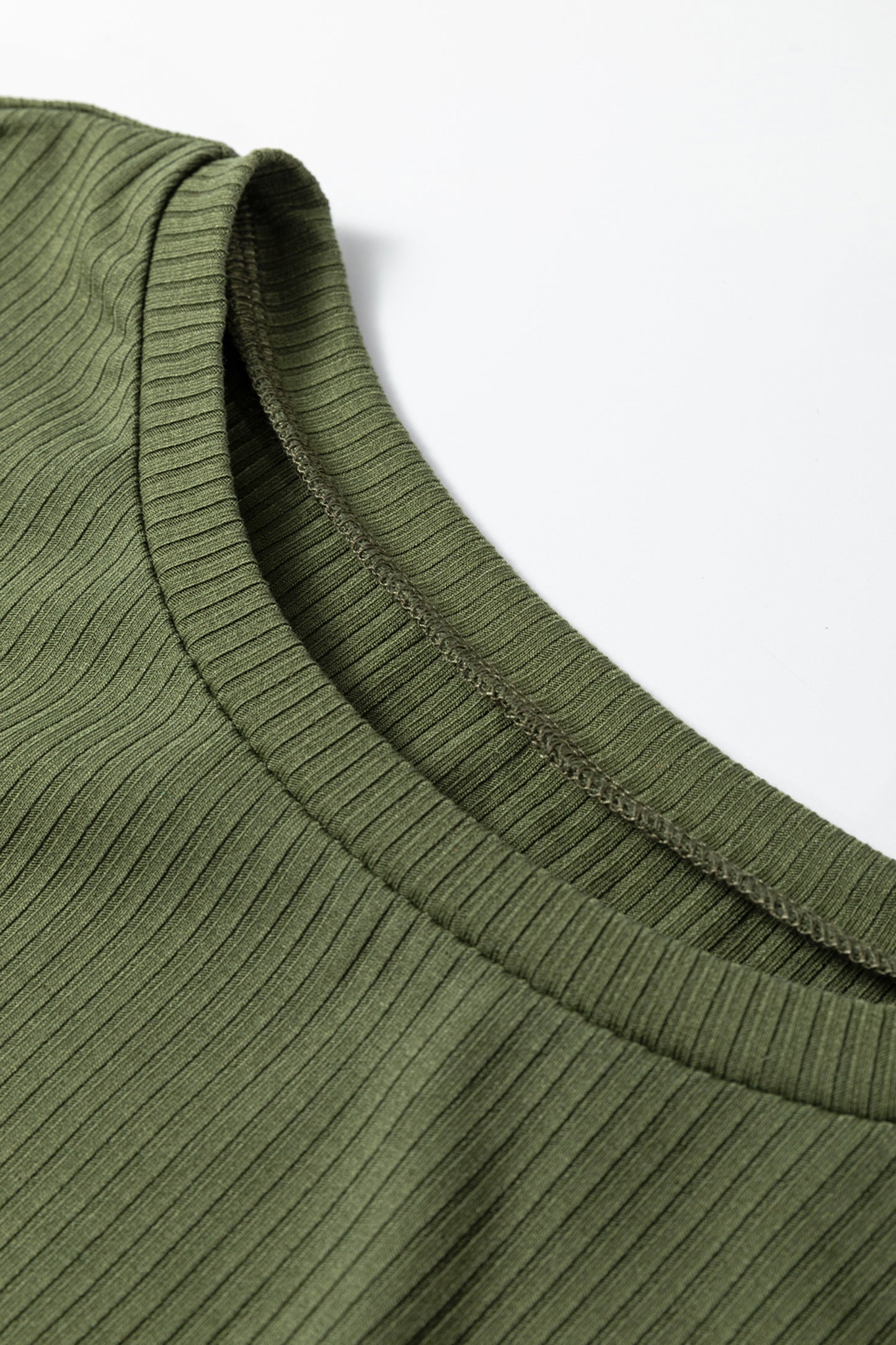 Jungle Green Solid Color Ribbed Ruffled Short Sleeve T Shirt