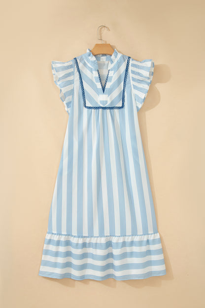 Sky Blue Stripe Subtle Lace Detail V Neck Ruffle Trim Casual Dress