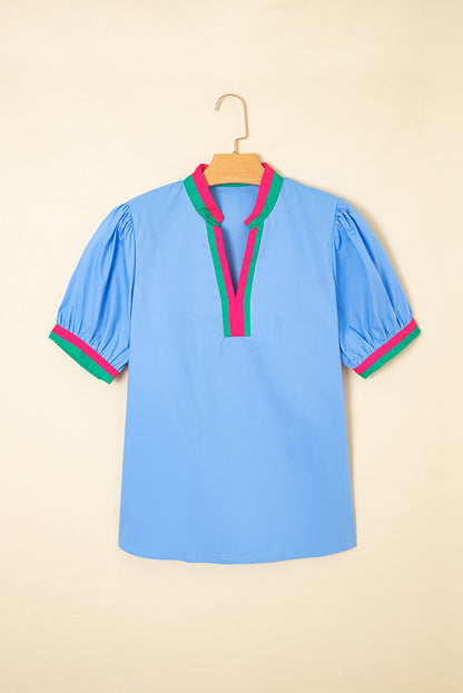 Pink Contrast Striped V Neck Collision Short Puff Sleeve Blouse