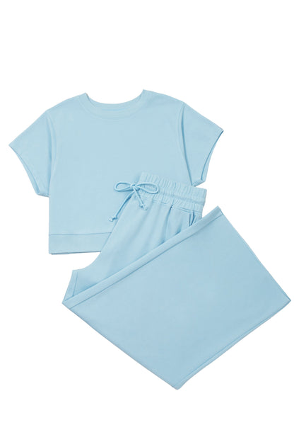 Clearly Aqua Solid Color Ribbed Trim Short Sleeve Top Drawstring Loose Pants 2pcs Outfit