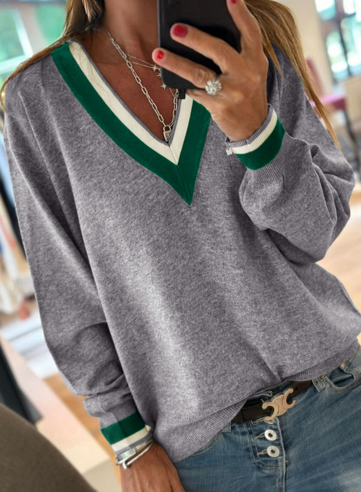 Dark Khaki Contrast Striped Trim V Neck Varsity Sweater