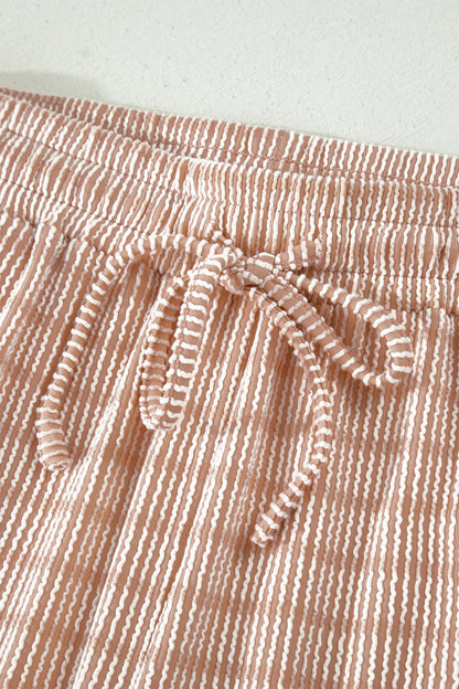 Rose Stripe Raised Rib Loose Tee Drawstring Elastic Waist 2pcs Short Set