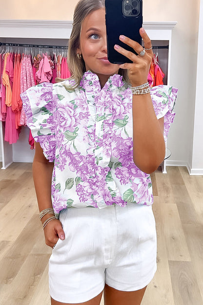Green Floral Print Ruffle Sleeve Frilly Button Up Shirt