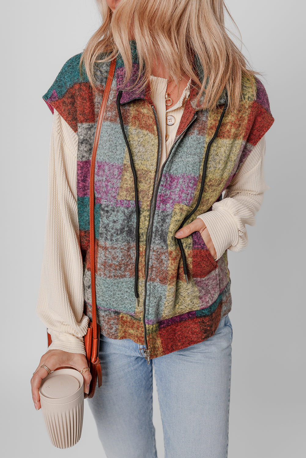 Multicolor Plaid Print Side Pockets Zipped Loose Vest