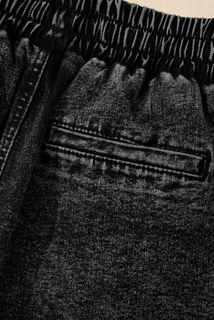 Black Drawstring High Waist Pocketed Denim Shorts