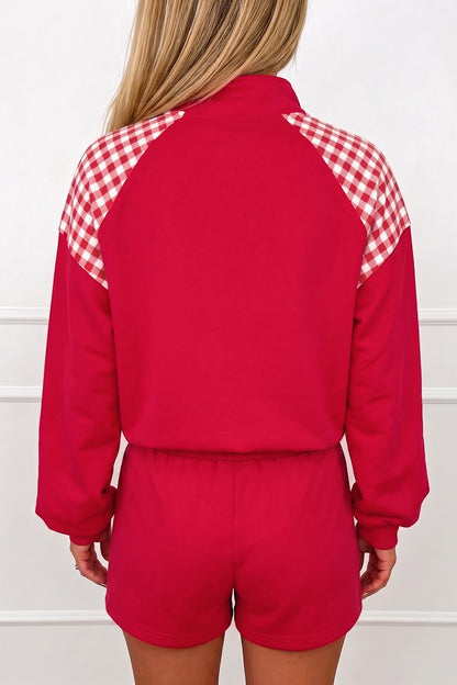 Bright Green Plaid Patchwork Half Zip Pullover Drawstring Short Set