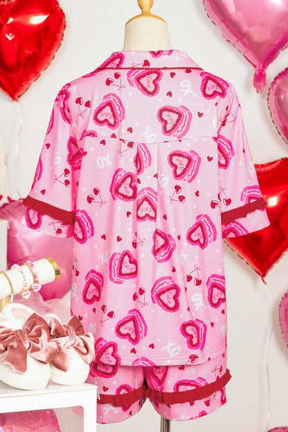 Pink Sweet Heart Cake Print Contrast Ruffle Trim Valentines 2pcs Pajama Set