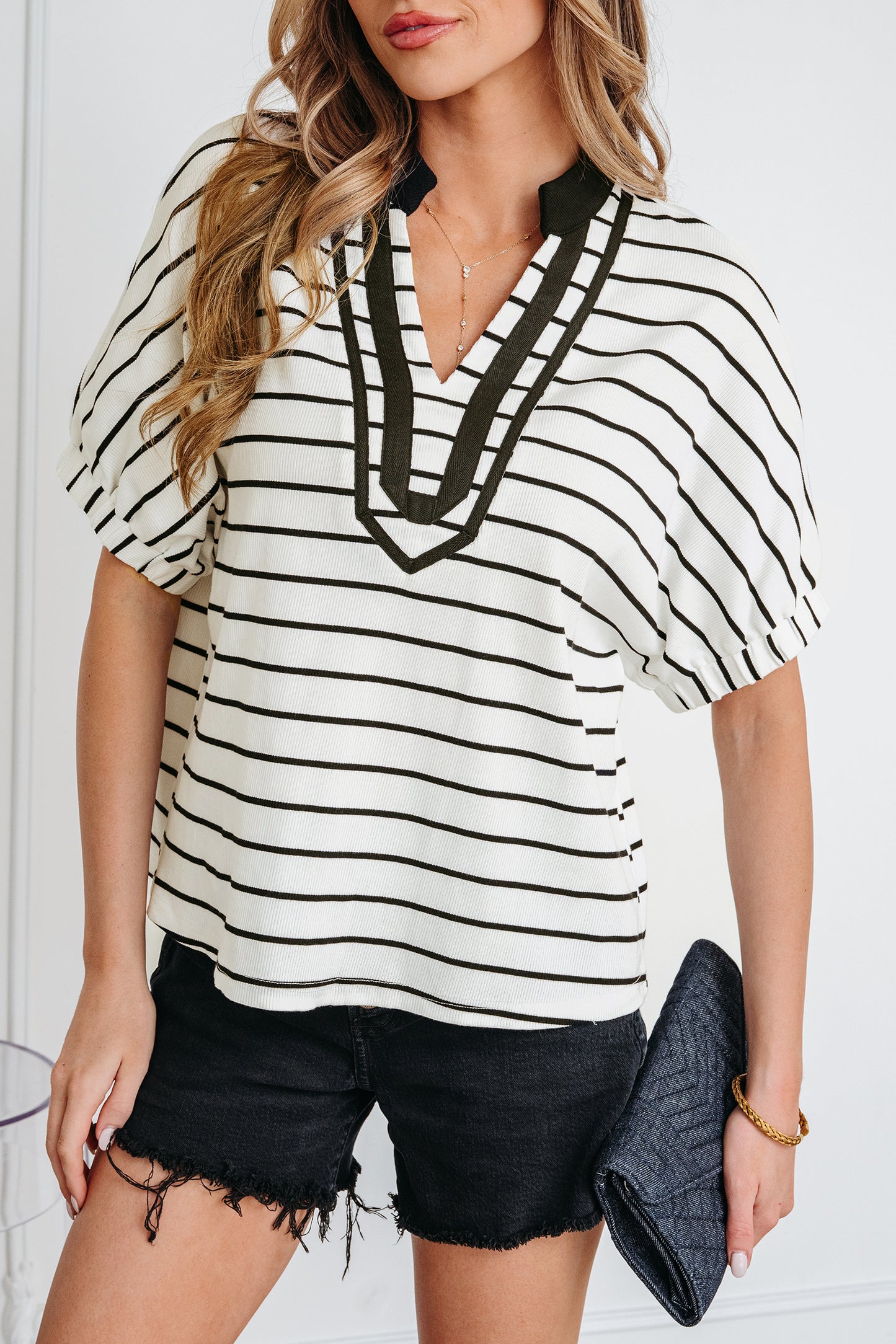 Blue Stripe Stand Collar V Neck Elastic Cuffs Half Sleeve Dolman Top