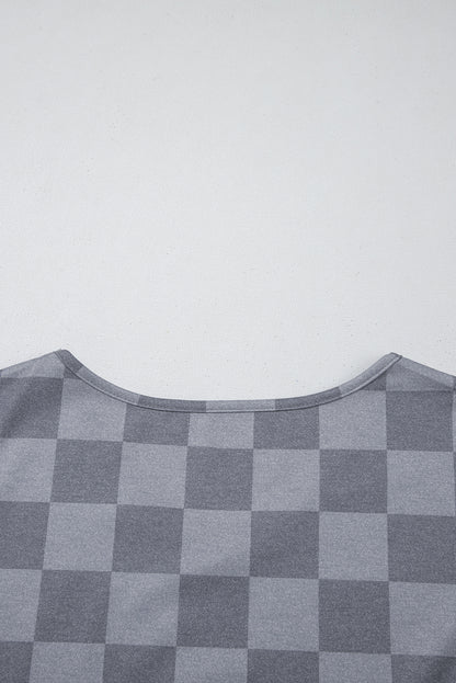 Gray Checkered V Neck Tee Drawstring Shorts Lounge Set