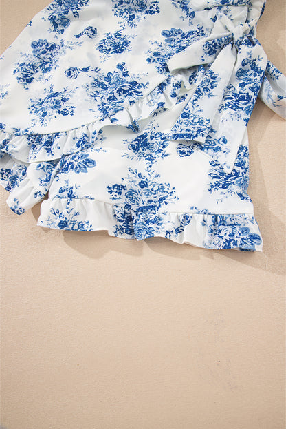 Sky Blue Floral Print Strapless Zipped Back Knot Waist Ruffled Romper