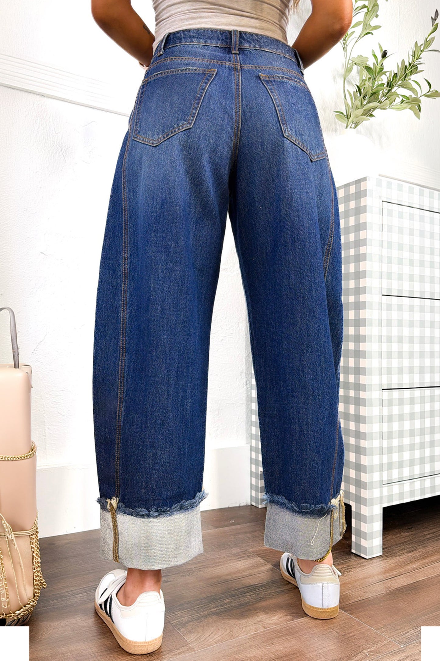 Sail Blue Raw Hem Turnup Loose Ankle-length Jeans
