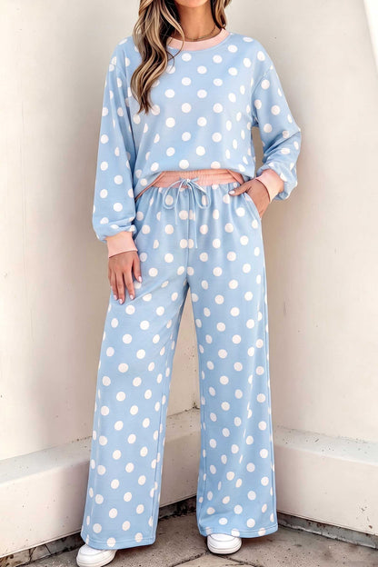 Khaki Polka Dot Contrast Trim Long Sleeve Top Drawstring Shift Pants Set