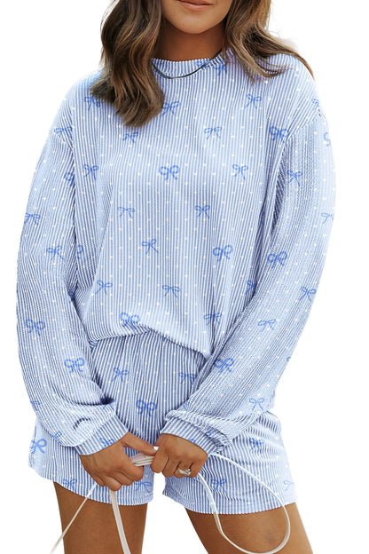 Sky Blue Valentines Bow Print Twisted Rib Loose Long Sleeve Top 2pcs Short Set