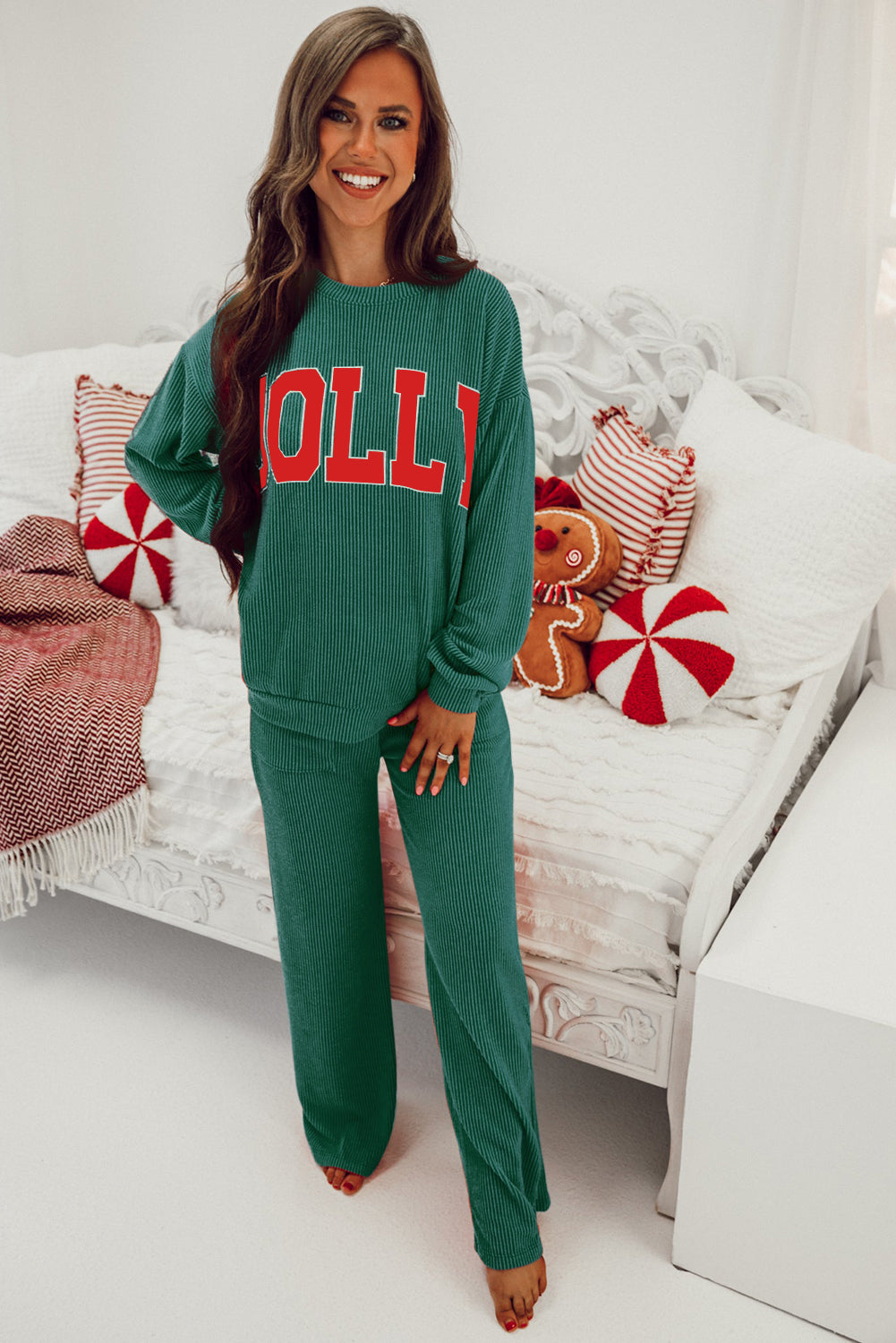 Racing Red MERRY Corded Long Sleeve Top and Pockets Pants Set
