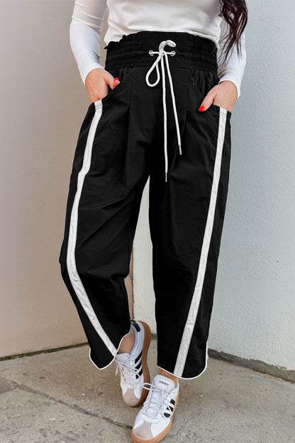 Bright Green Contrast Striped Smocked Waist Drawstring Cropped Casual Pants