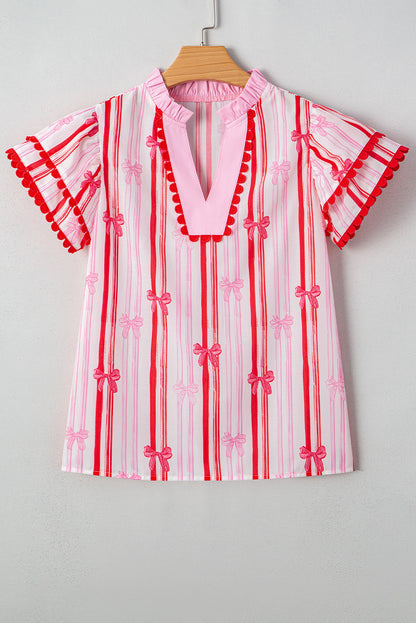Pink Ric-rac Trim Ruffled Sleeve V Neck Bow Striped Printed Blouse