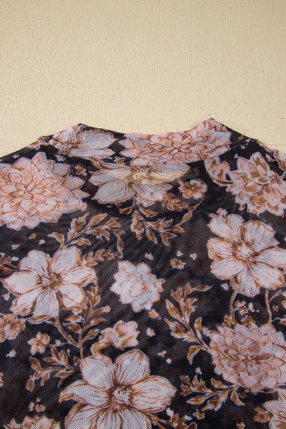 Black Floral Print Mesh Mock Neck Long Sleeve Top