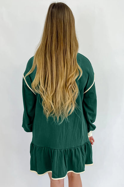 Evergreen Contrast Trim Zip Collar Long Sleeve Ruffle Hem Mini Dress