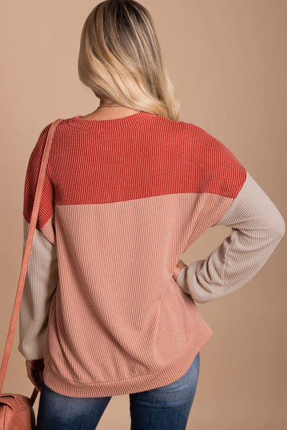Multicolor Color Block Long Sleeve Ribbed Loose Top