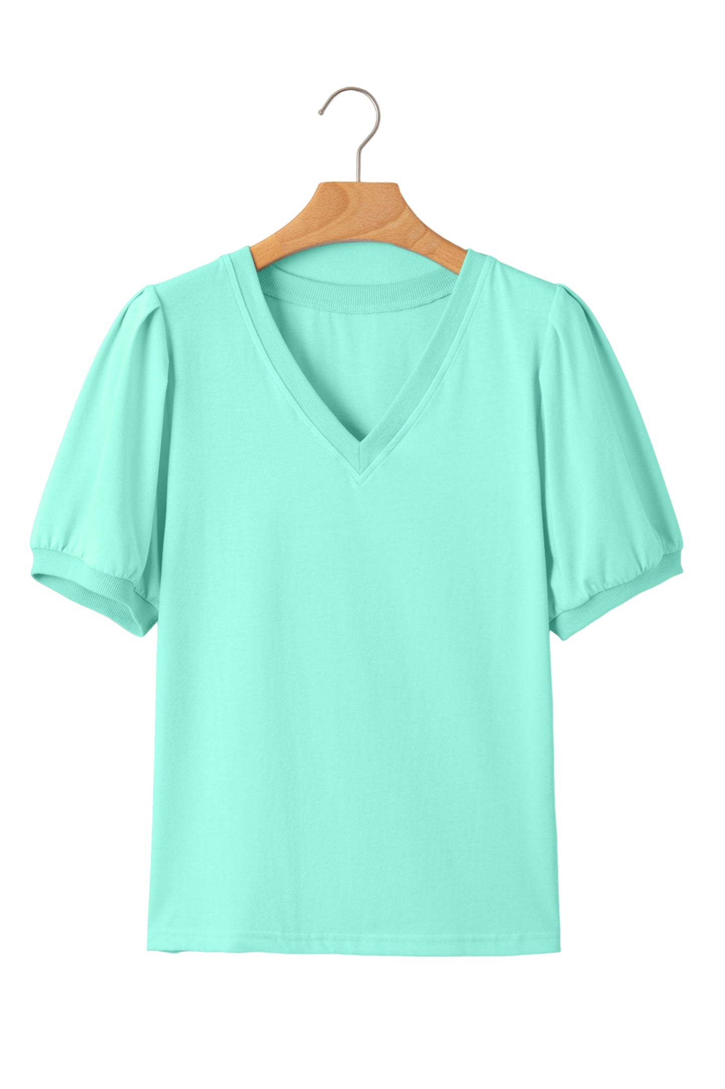 Yellow Solid Color V Neck Short Puff Sleeve Blouse