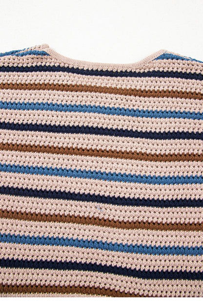 Multicolour Striped Knitted Drop Shoulder Round Neck Sweater