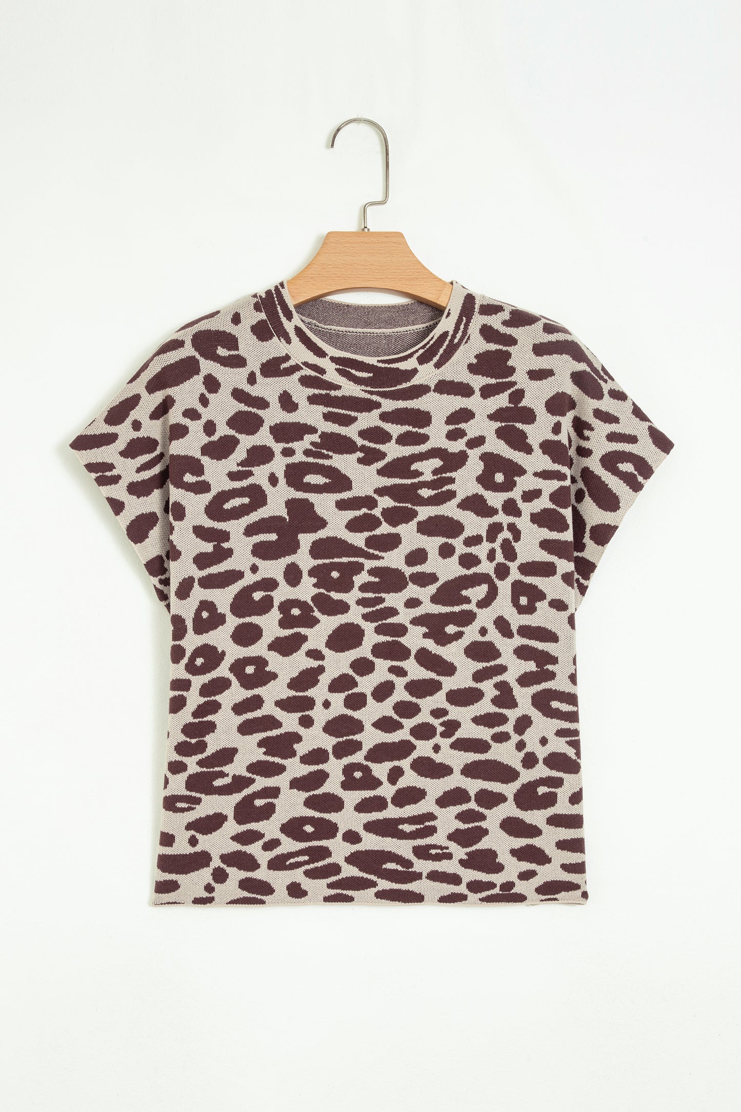 Khaki Leopard Print Short Sleeve Knit Loose Pullover Sweater