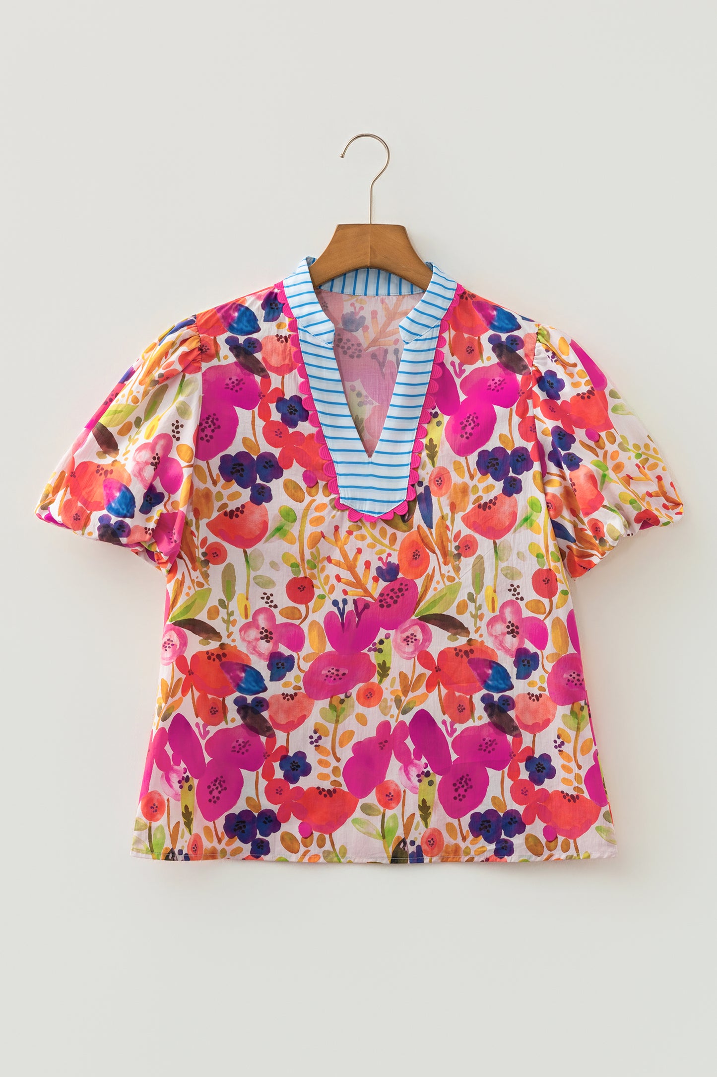 Rose Floral Print V Neck Short Puff Sleeve Cotton Blouse