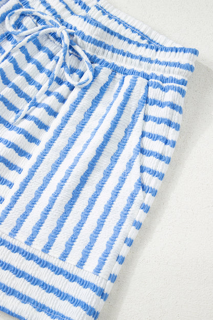 Sky Blue Stripe Knitted Short Sleeve Top and Drawstring Shorts Set