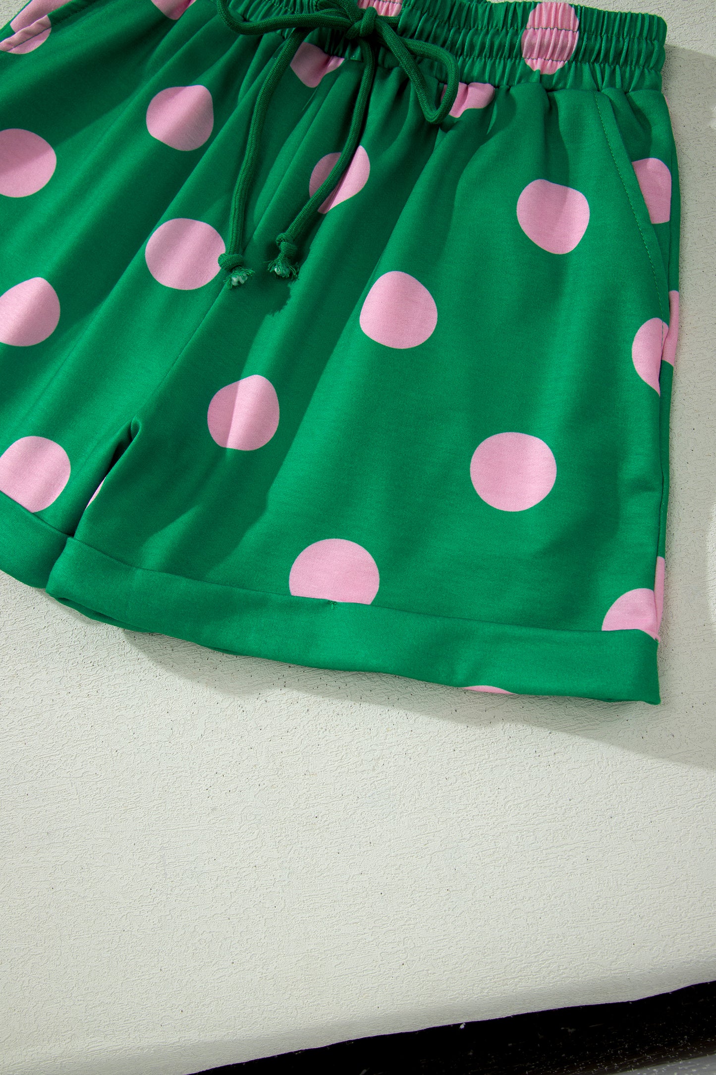 Pink Polka Dot Print V Neck Tee Short Set